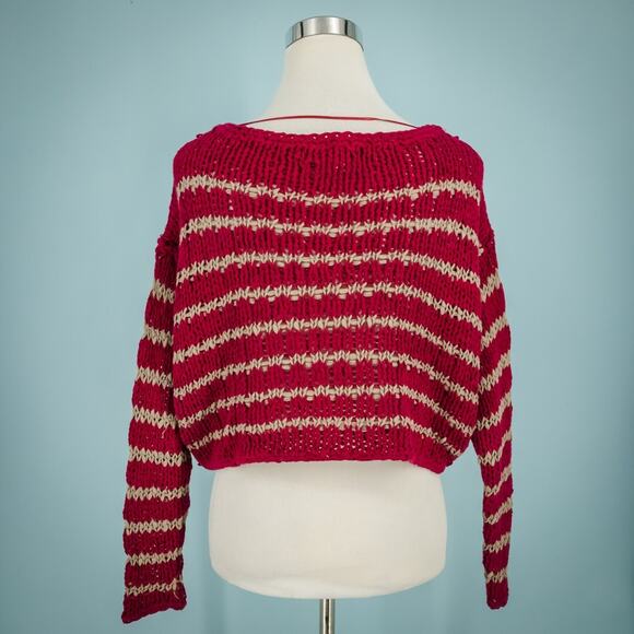 Free People Size XS Over And Easy Stripe Red Tan Scoop Dolman Sleeve Sweater - Picture 3 of 7